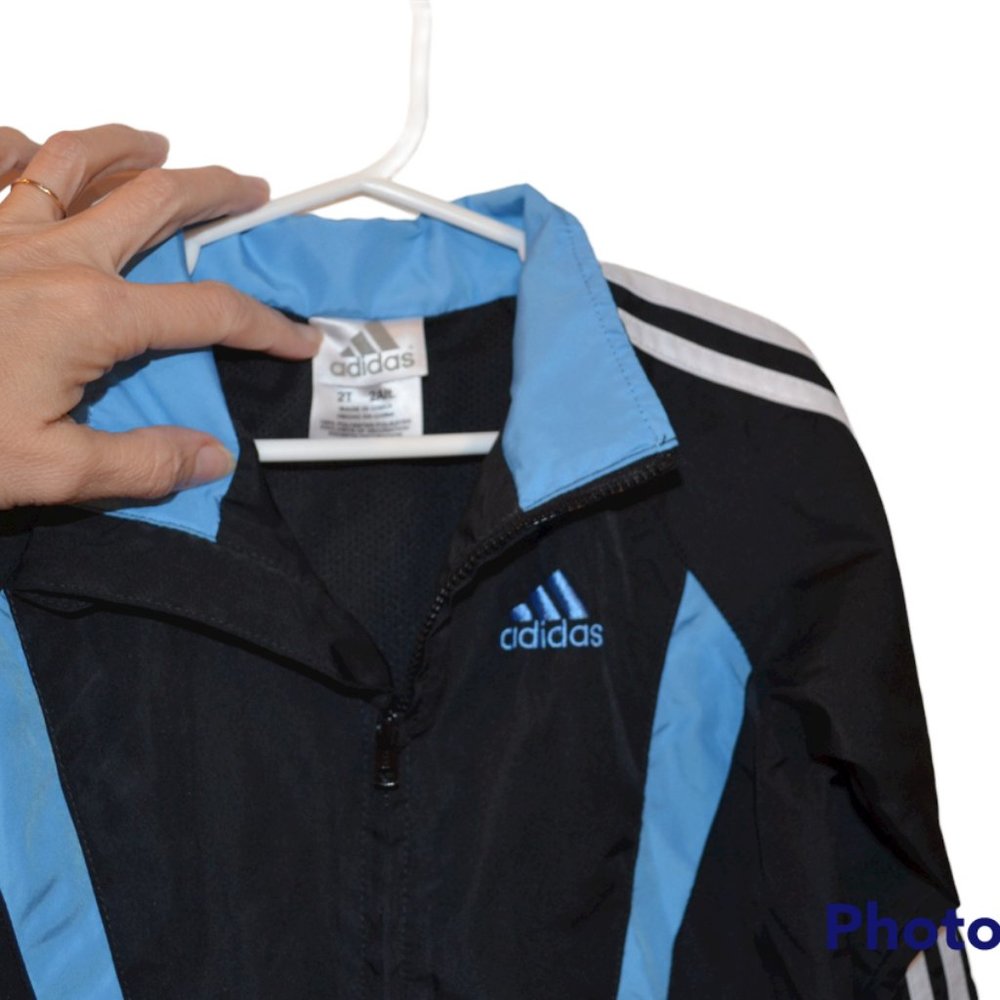 Adidas 3-Stripe White Blue Poly Mesh Jacket in Black Boys 2T - Picture 4 of 5